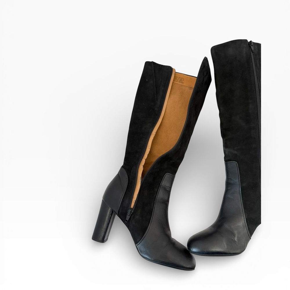 Black Tall Knee-High Leather & Suede Boots W 6.5 Block Heel Side Zip Clarks - Picture 10 of 13